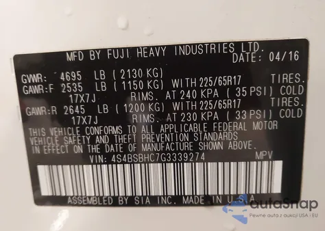 2016 Subaru Outback 2.5I Premium z USA, uszkodzony, nr VIN 4S4BSBHC7G3339274